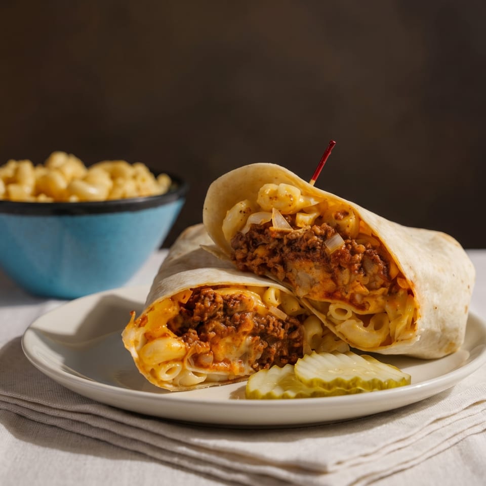 A chili mac burrito, cut in half, with pickle slices on a plate next to a bowl of mac and cheese.