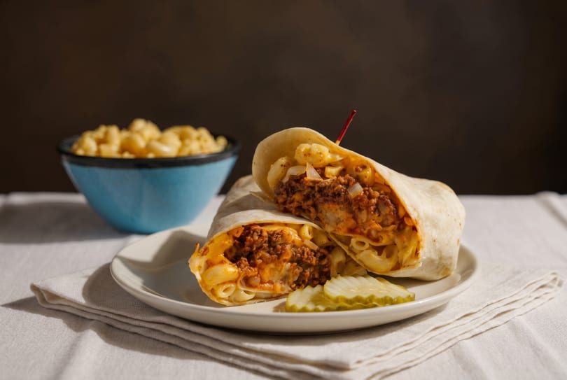 A chili mac burrito, cut in half, with pickle slices on a plate next to a bowl of mac and cheese.